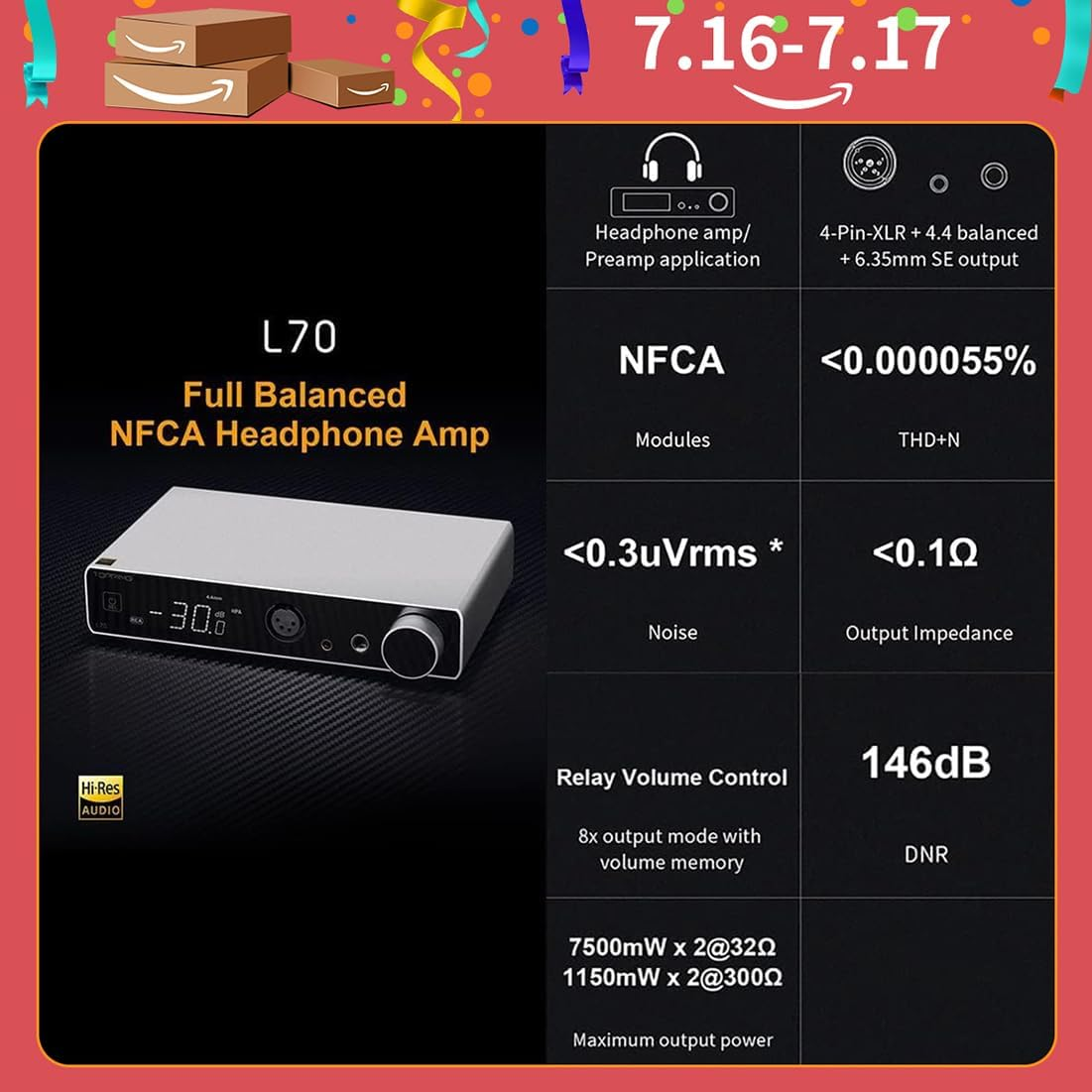 Topping L70 Full Balanced NFCA Headphone Amplifier, Preamp 7500Mw X 2 Hifi Headphone Amp, XLR/TRS/RCA Input 4-Pin Xlr/4.4Mm/6.35Mm/Rca/Xlr Output Home Audio Preamplifier (Black) image number 2