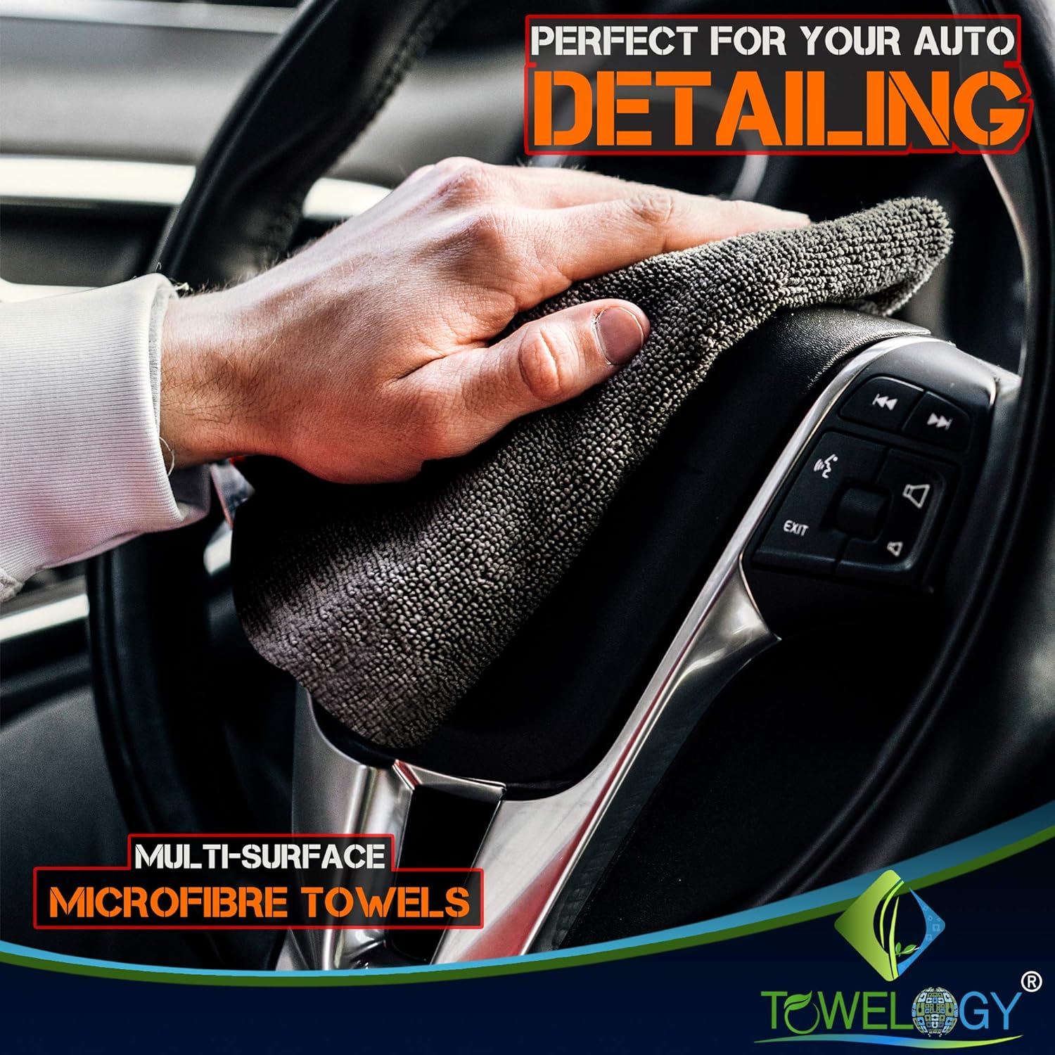 Towelogy&reg; 520Gsm Professional Microfibre Edgeless Car Cloths QUICK DRY for Auto/Moto Detailing Polishing Washing STREAK FREE & LINT FREE 40X40Cm (Grey/Orange, Pack of 2) image number 4