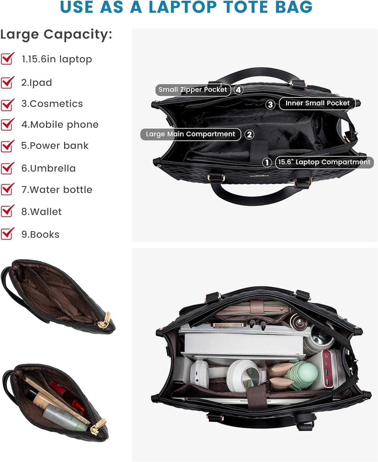 Insulated Lunch Tote Bag for Women with Wallet &ndash; Stylish Work Tote Bag with Leakproof Compartment &ndash; Quilted Lunch Bag for Office, Travel, or Picnic &ndash; Large Capacity Lunch Box Bag - Green image number 6