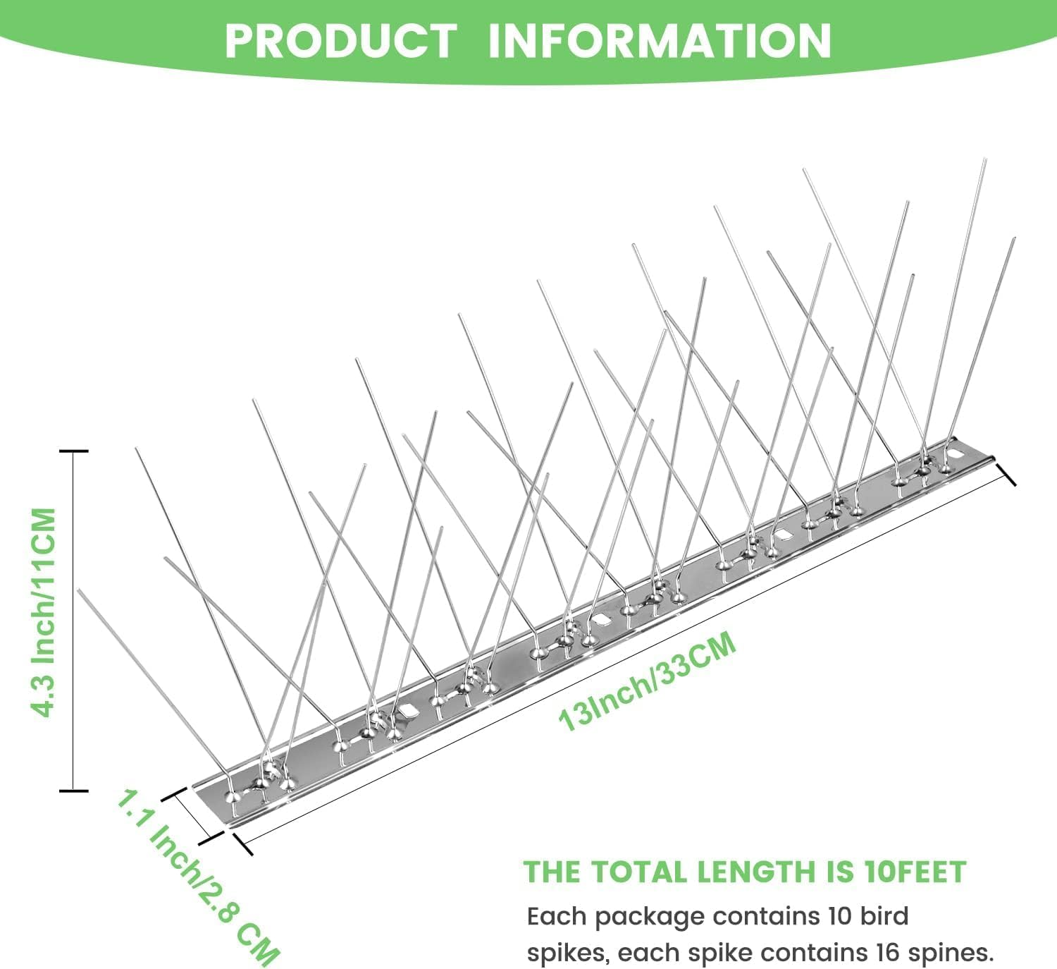 10FT Bird Spikes, Stainless Steel Bird Repellent Spikes Kit with Base, Pigeon Repellent Balcony for Outdoor, Deterring Pigeon, Crows and Rodents image number 5