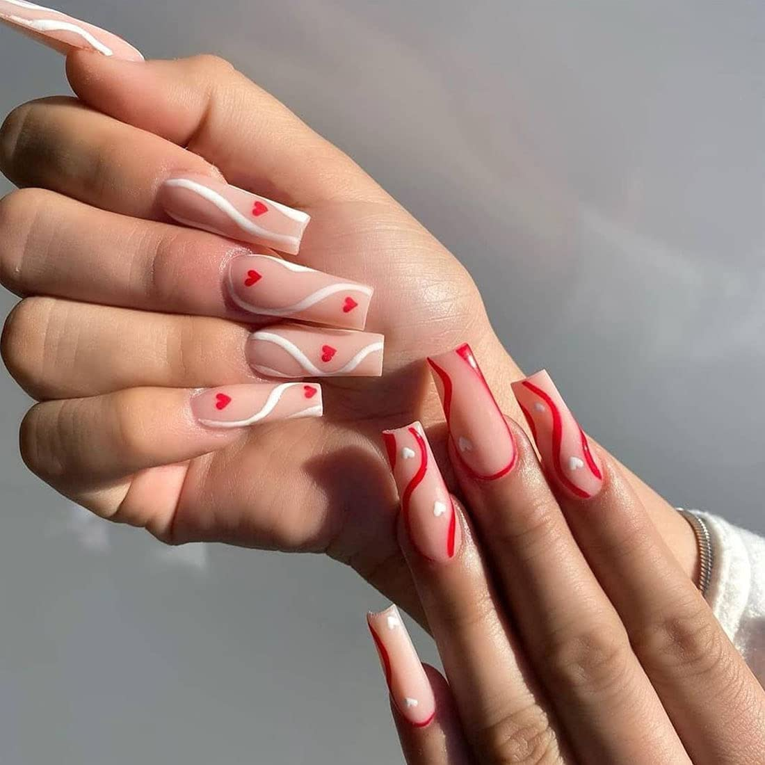 Glossy Pink Ballerina False Nails Long Coffin Press on Nails Full Cover Artificial Nails with Swirl Heart Design for Women and Daily Decoration 24PCS image number 5