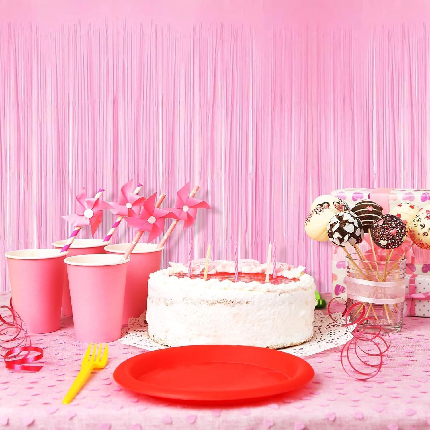 Backdrop Curtain Tinsel Streamers,4Pcs Foil Fringe Streamer Tinsel Curtains,Party Streamers Backdrop Curtains,Photo Booth Backdrop Foil Streamer for Party, Pink image number 1