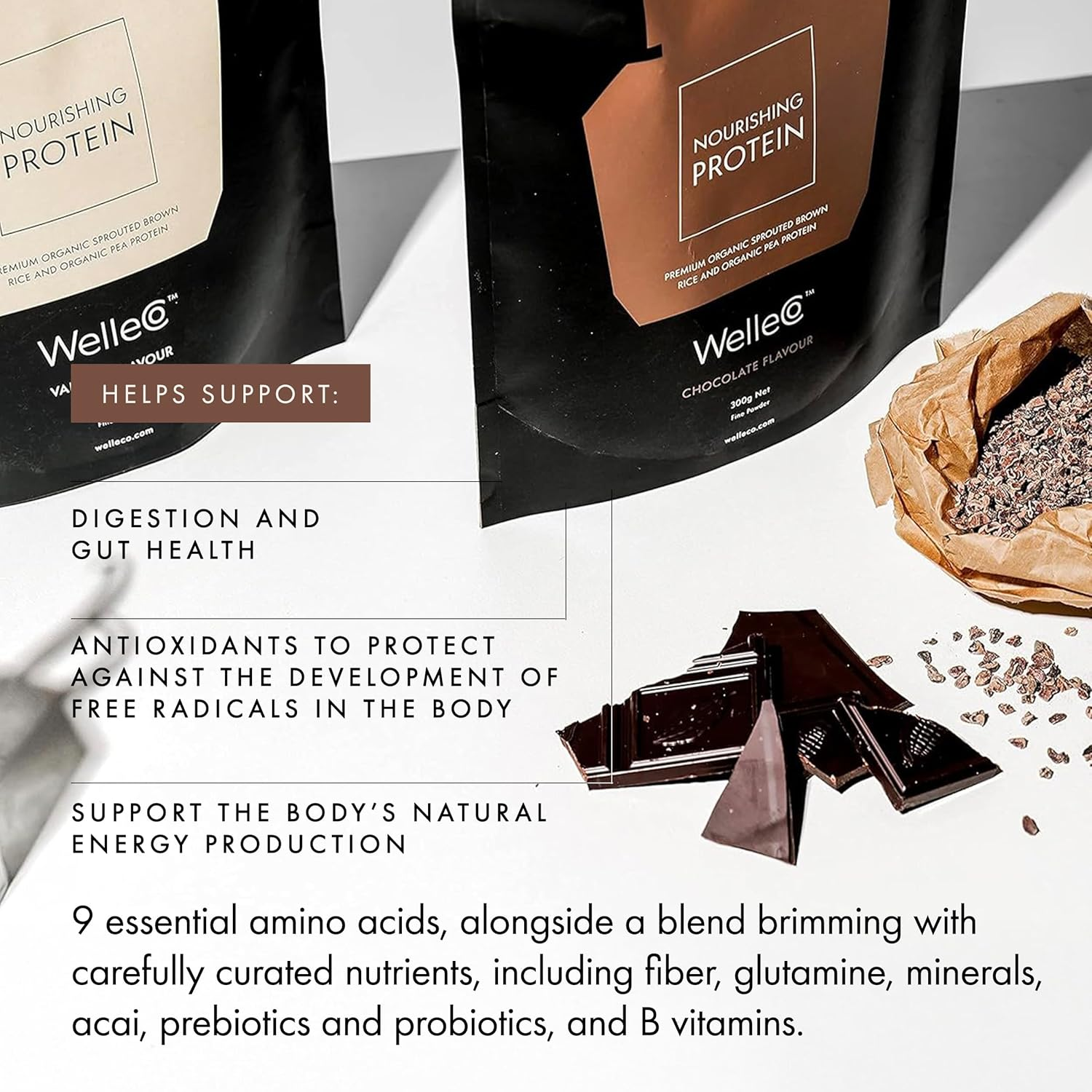 Welleco Nourishing Protein, Chocolate Protein Powder, Supplement for Muscle Recovery, Gut Support & Daily Energy with Probiotics & Whole Food Ingredients, Plant Based Protein Powder, 1 Kg image number 2