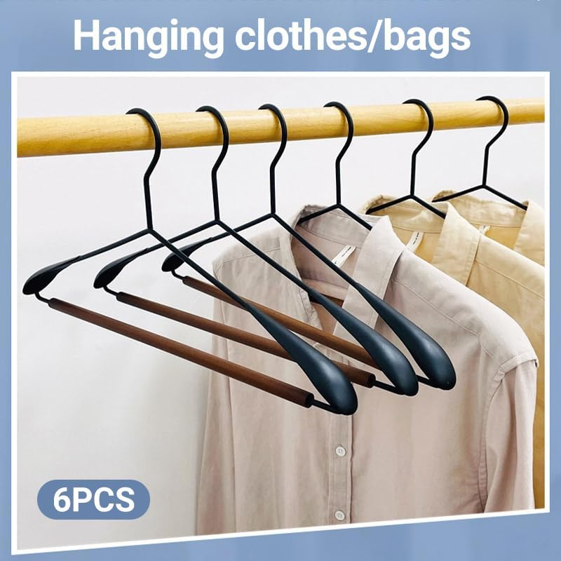 AIMALL 6Pcs Nordic Style Seamless Clothes Hangers 16.9X8.3In Black Iron-Wood Non-Slip Beech Wooden Hanger Set for Closet Coat Shirt Pants Heavy Duty Hanging Storage image number 6