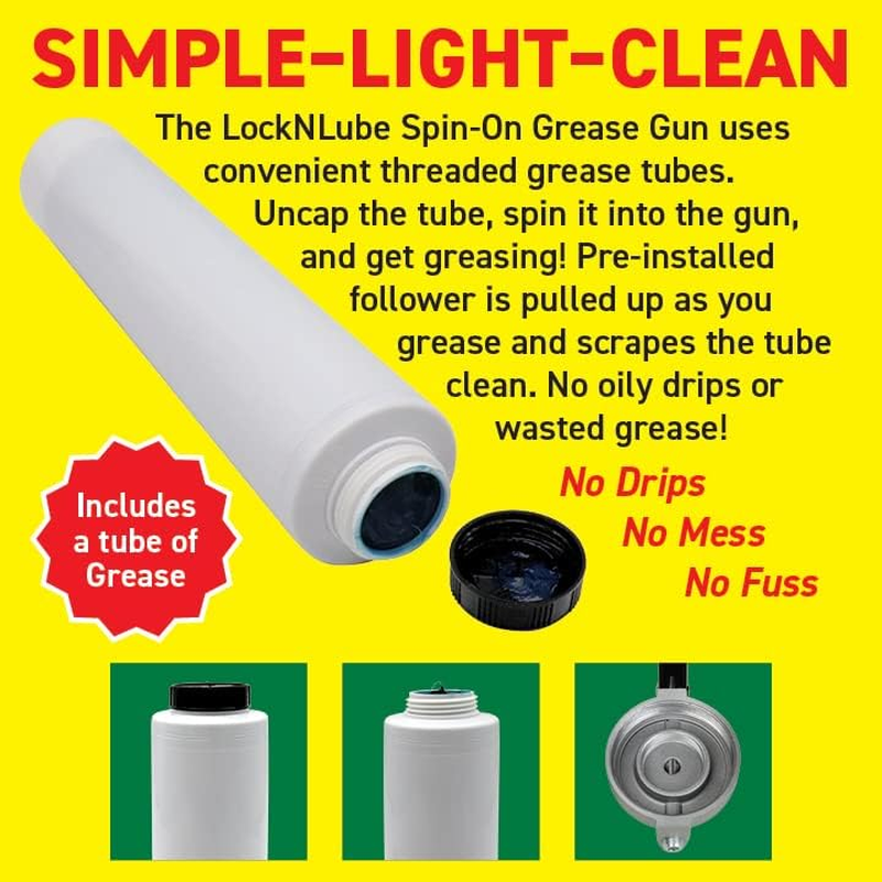 Locknlube Spin-On Pistol-Grip Grease Gun Kit. Includes: 1 Tube Grease, the Grease Coupler plus a Heavy-Duty 20" Grease Hose and In-Line Hose Swivel. image number 2
