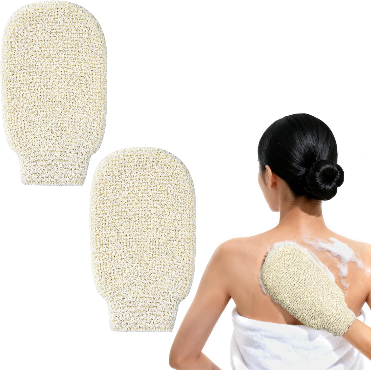 LOPHE Sisal Shower Glove, Set of 2 Exfoliating Gloves, Body Sisal Exfoliating Gloves, Shower Scrubbing Gloves, Washable for Men, Women, Children, Spa, Massage, White image number 1