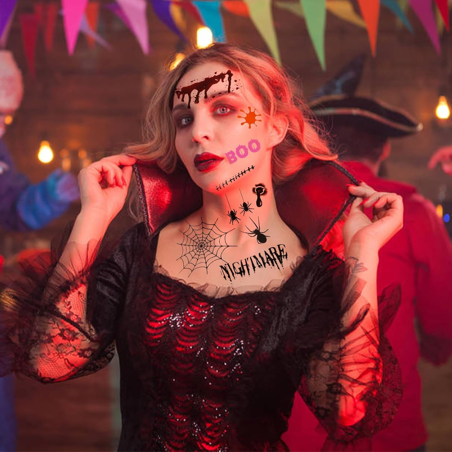 DERAYEE Halloween Face Tattoo, 6 Sheets Temporary Spider Tattoo, Face Tattoo, Women Men Children Body Face Tattoos for Halloween Carnival Party Decoration Cos Makeup image number 3