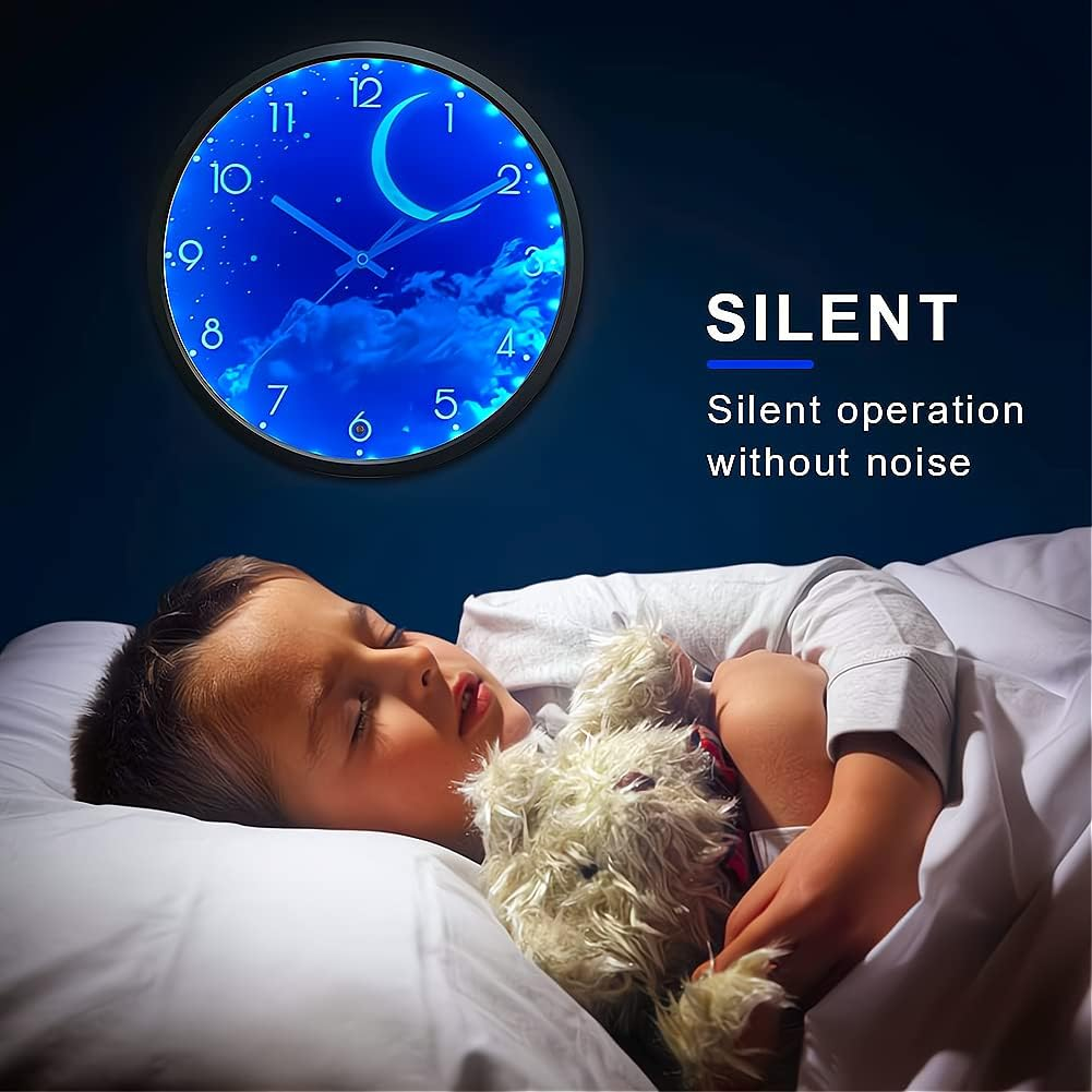OCEST 12 Inch Night Light Wall Clock for Bedroom, Silent Battery-Operated Wall Clock Glow in the Dark for Living Room/Kitchen, Large Digital Display Kids Birthday Present-Moon image number 4