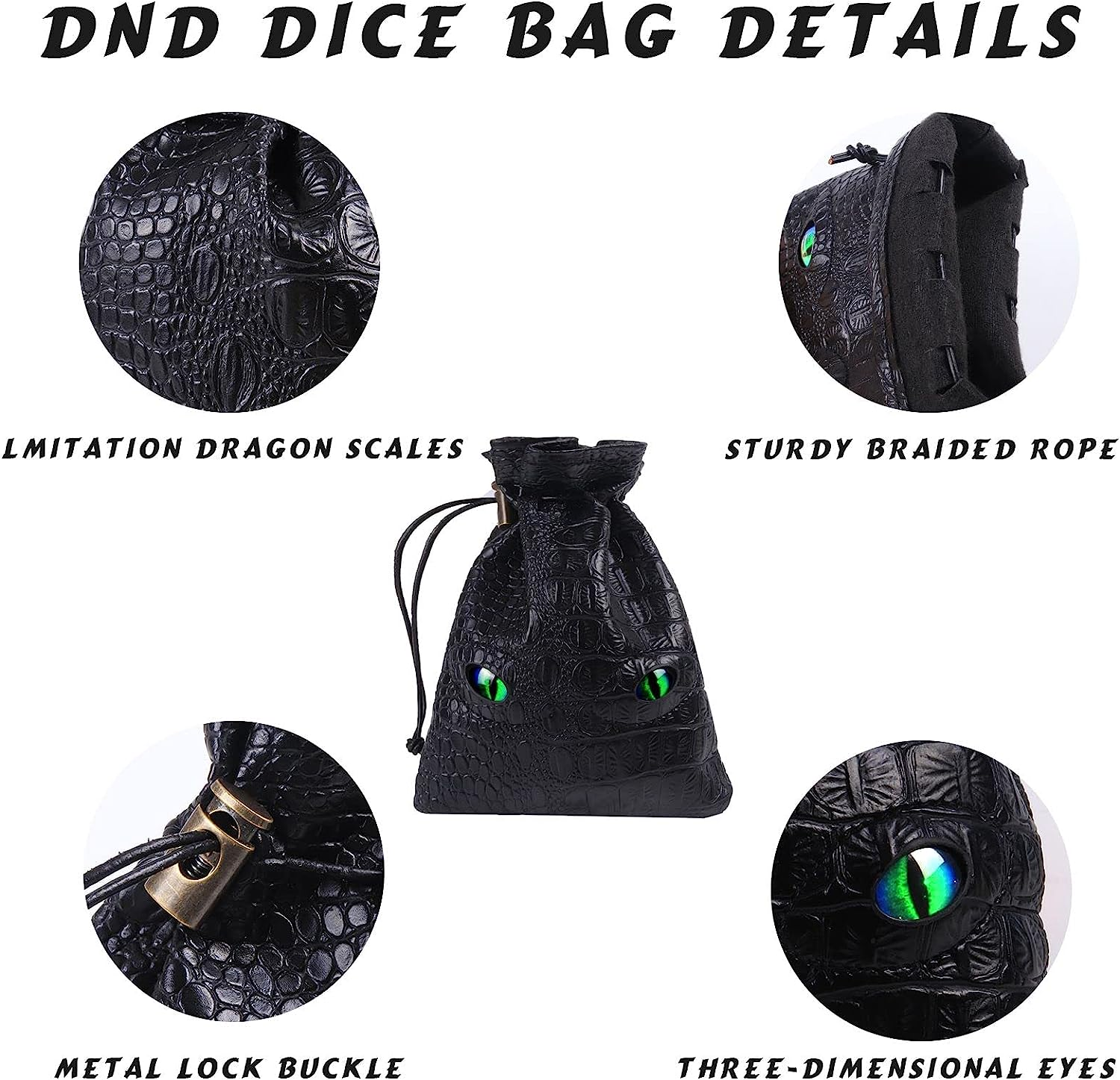 Black DND Dice Bag, DND Dice Bag with Green Eys Can Hold 6 DND Dice Sets, Fire Dragon Leather Coin Bag, Glows Green Light in Eyes, Suitable for DND, Fantasy RPG Game Accessories, Dice Not Included