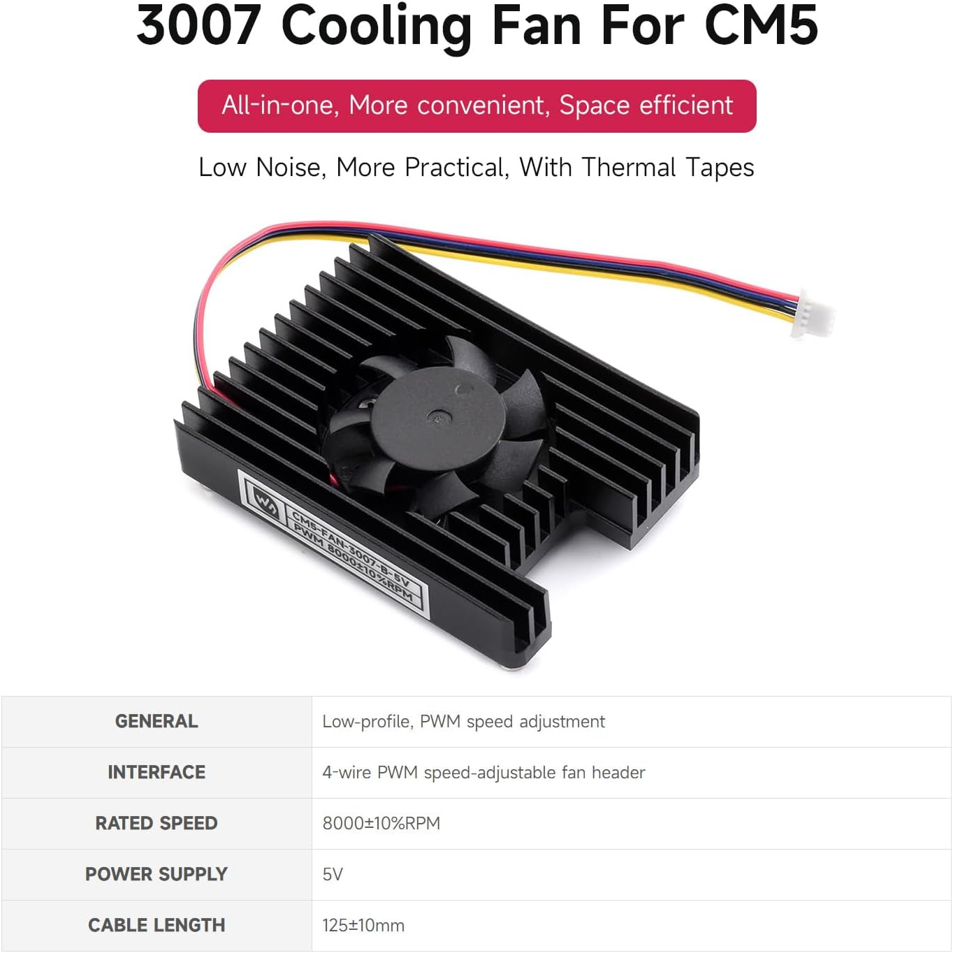 Waveshare CM5 Dedicated All-In-One 3007 Cooling Fan, Compatible with Raspberry Pi Compute Module 5, 5V Power Supply, Speed Adjustable, with Thermal Tapes