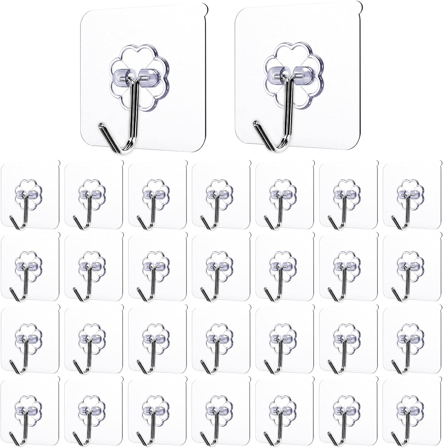 30-Pack Strong Adhesive Wall Hooks for Hanging Heavy Duty, Self Adhesive Towel Coat Hat Hook Bathroom Shower Organizer for Wall,Door,Closet Hanging Hooks, No Drilling (Transparent)