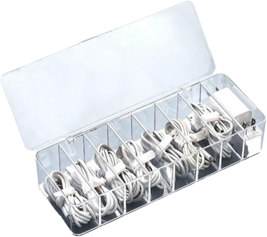 JTGYMY Plastic Cable Management Box with 10 Wire Ties, Clear Power Cord Organizer with 8 Compartments, Transparent Data Cable Organizer image number 1