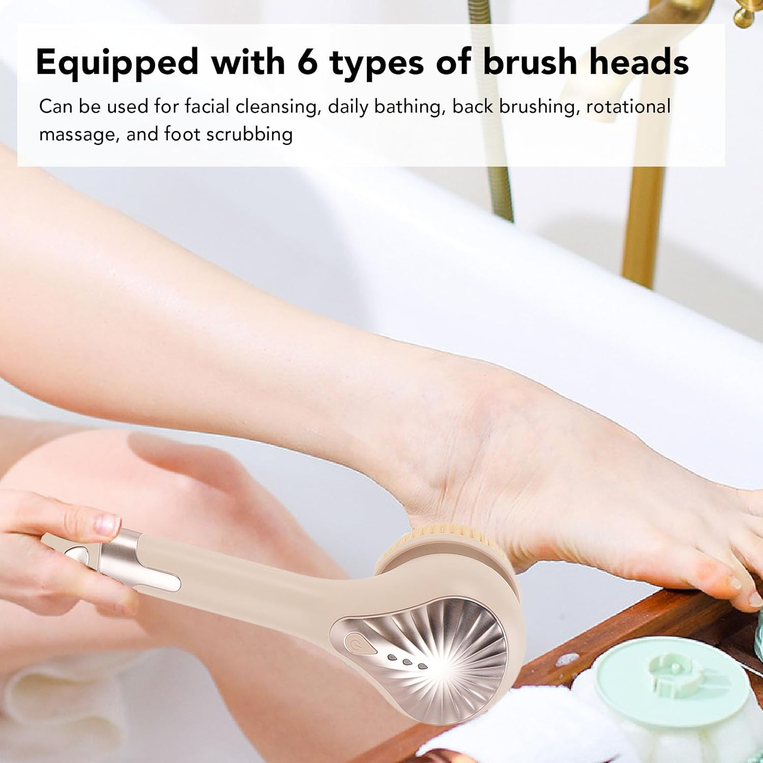 Pyhodi Electric Body Brush, 6 Brush Heads 3 Speeds Detachable Handle IPX6 Rechargeable Shower Back Scrubber for Sensitive, Normal, and Oily Skin Types with 360&deg; Rotation and 60 Minutes (Yellow) - Yellow image number 3