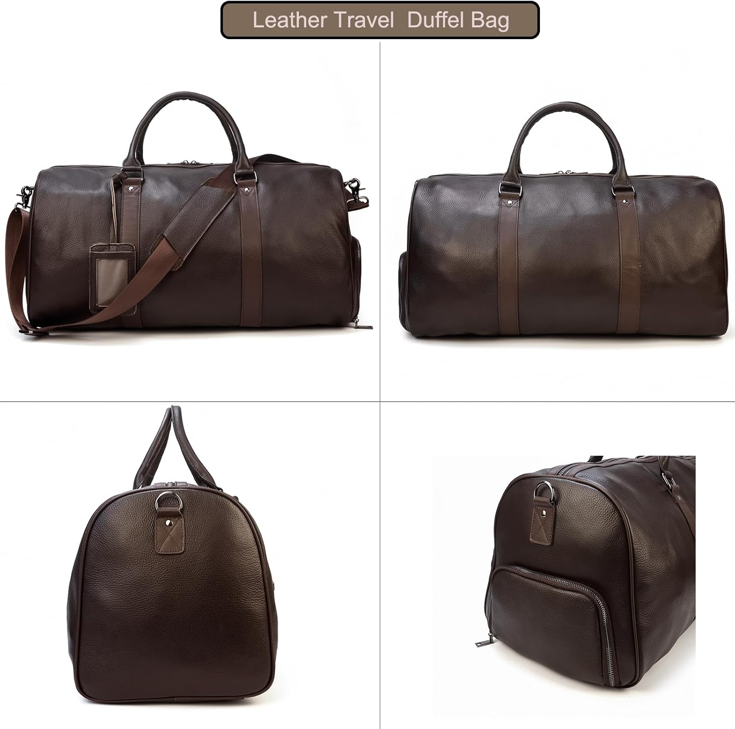LUUFAN Leather Travel Bag Large Capacity Luggage Duffel Bag with Shoe Compartment, Men Women Weekend Shoulder Bag for Holiday Business Trip, 55Cm-Brown, Retro - 55Cm-Brown image number 4
