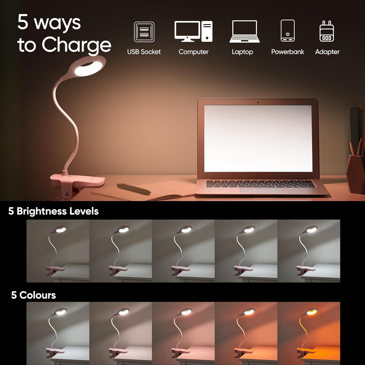 National Lighting Dimmable LED Clip on Light - 4.5W Touch Control LED Lamp with Flexible Neck & Strong Clamp - 5 Colours & Brightness Levels, USB Rechargeable Desk Light - Pink