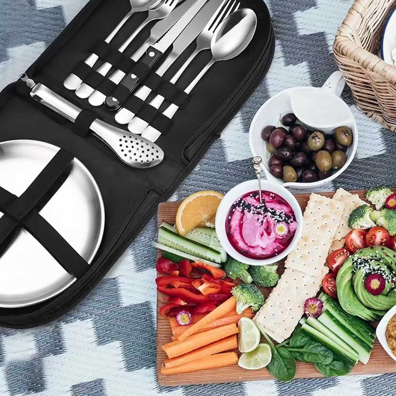 Camping Utensils Kit 20/11 PCS Outdoor Camping Dishes Set with Cutlery Bag, Spoon Fork Knife Plate Tongs for 4 People &ndash; Portable Picnic, Hiking, and Family Camping Tableware (Silver) image number 3