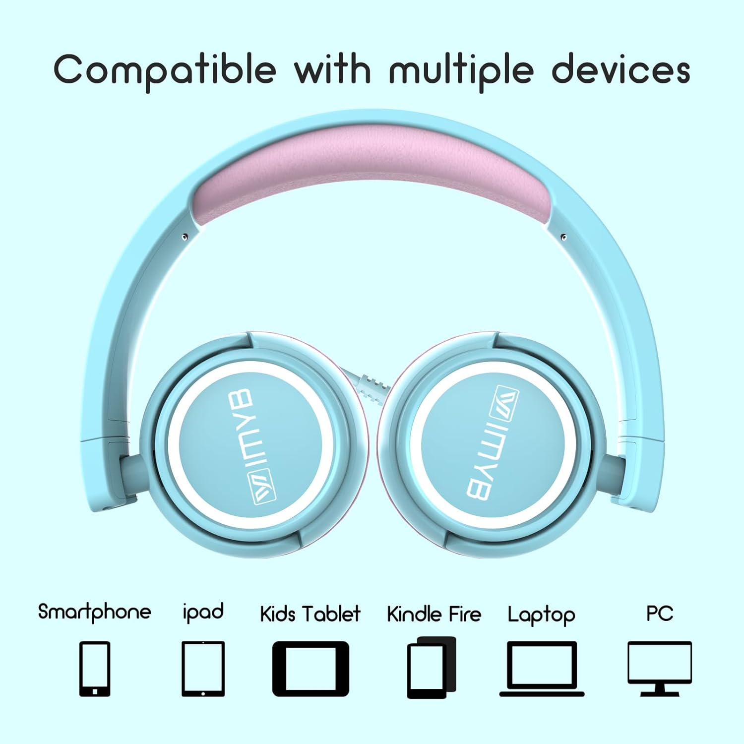 IMYB Children'S Headphones, Headphones for Children with Cable, Foldable, Stereo Sound, Safe Volume Limit, 3.5 Mm Jack, over Ear Children'S Headphones for School, Boys, Girls, Tablet, PC, Light Blue image number 6