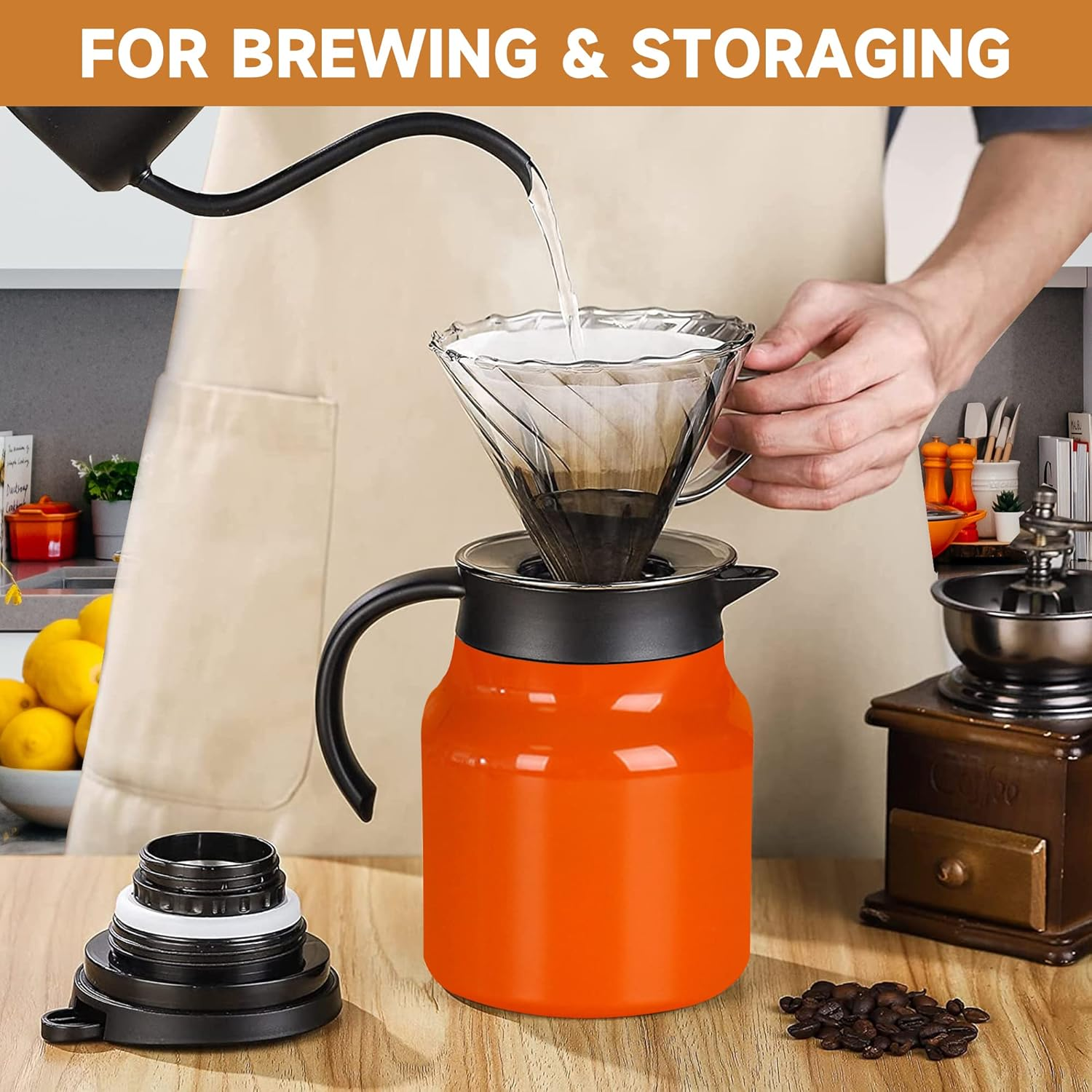 Incifuerza 34 Oz Thermal Coffee Carafe, Double Wall Stainless Steel Insulated Vacuum Coffee Pot Teapot for Keeping Hot, 1 Liter Beverage Dispenser with Removable Tea Filter (Orange) image number 3
