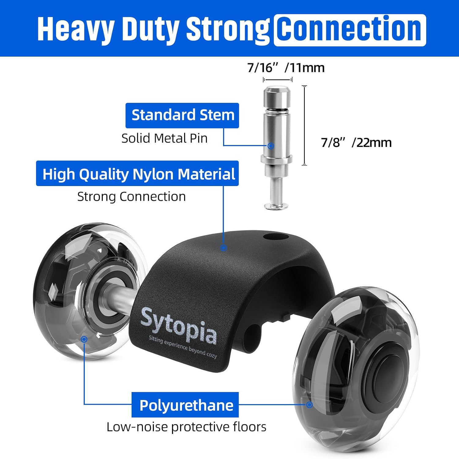 Sytopia Universal Office Chair Castors, Set of 5 Office Chair Castors 11 X 22 Mm, Perfect Quiet Rubber Castors for Office Chairs, Wheels for Hard Floors, Parquet Floors (Black, Not for 1KEA) image number 2