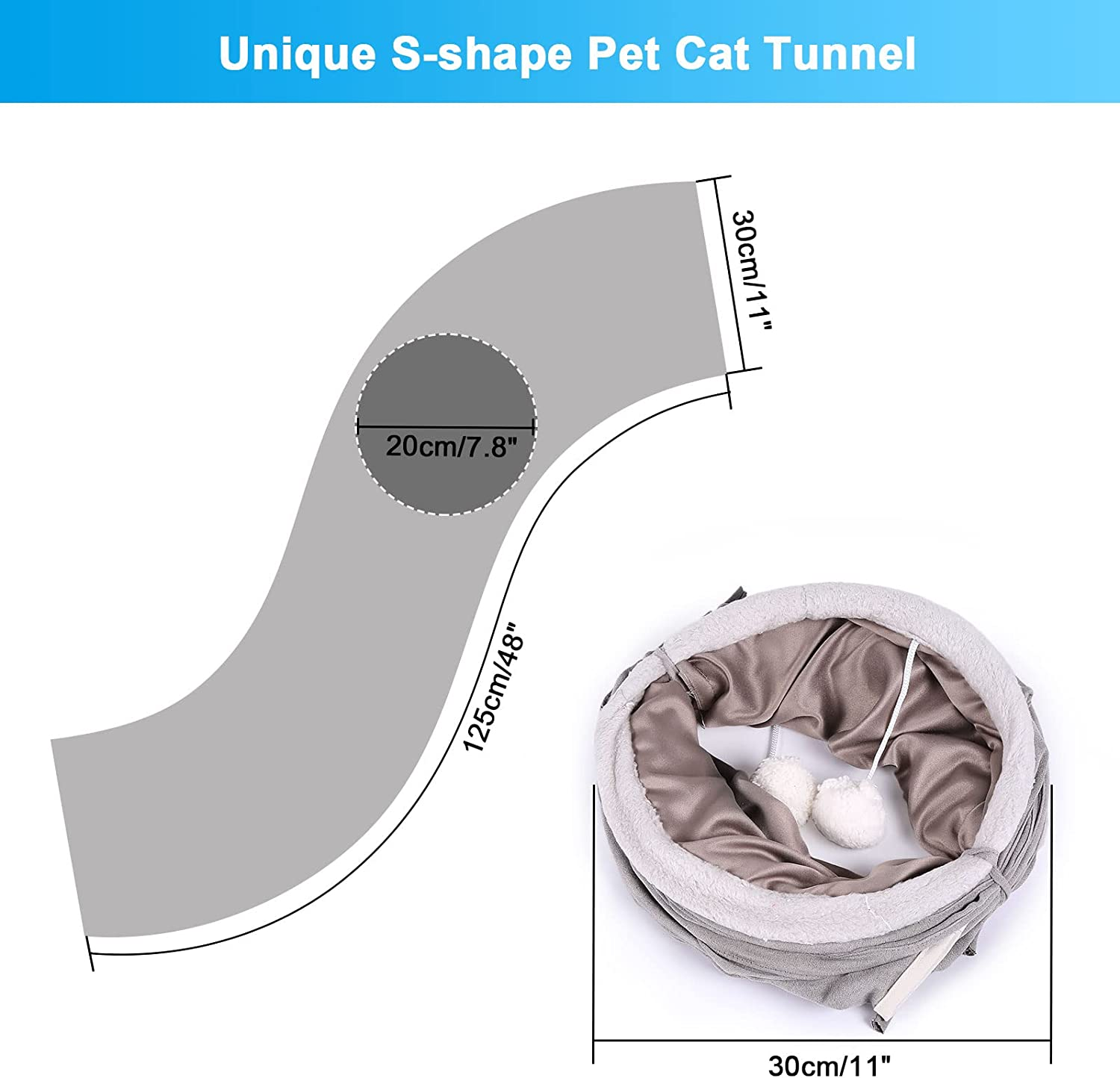 Ownpets Cat Tunnel S-Shape Collapsible Cat Play Tunnel with Interactive Feather Wand Large Pet Tunnel Tube Toy for Cat Kitten Kitty Puppy Rabbit