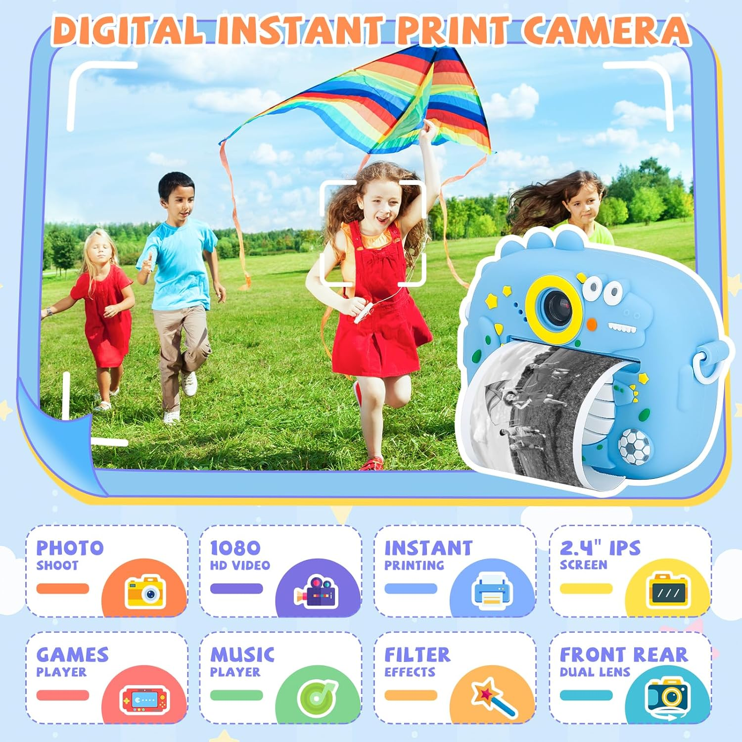Kids Camera Instant Print with 64GB Card 3 Roll Print Paper & Color Pens Camera for Kids Digital Camera Toddler Camera Toys Gifts for 3-12 Year Old Girls Boys (Blue Dinosaur) image number 4