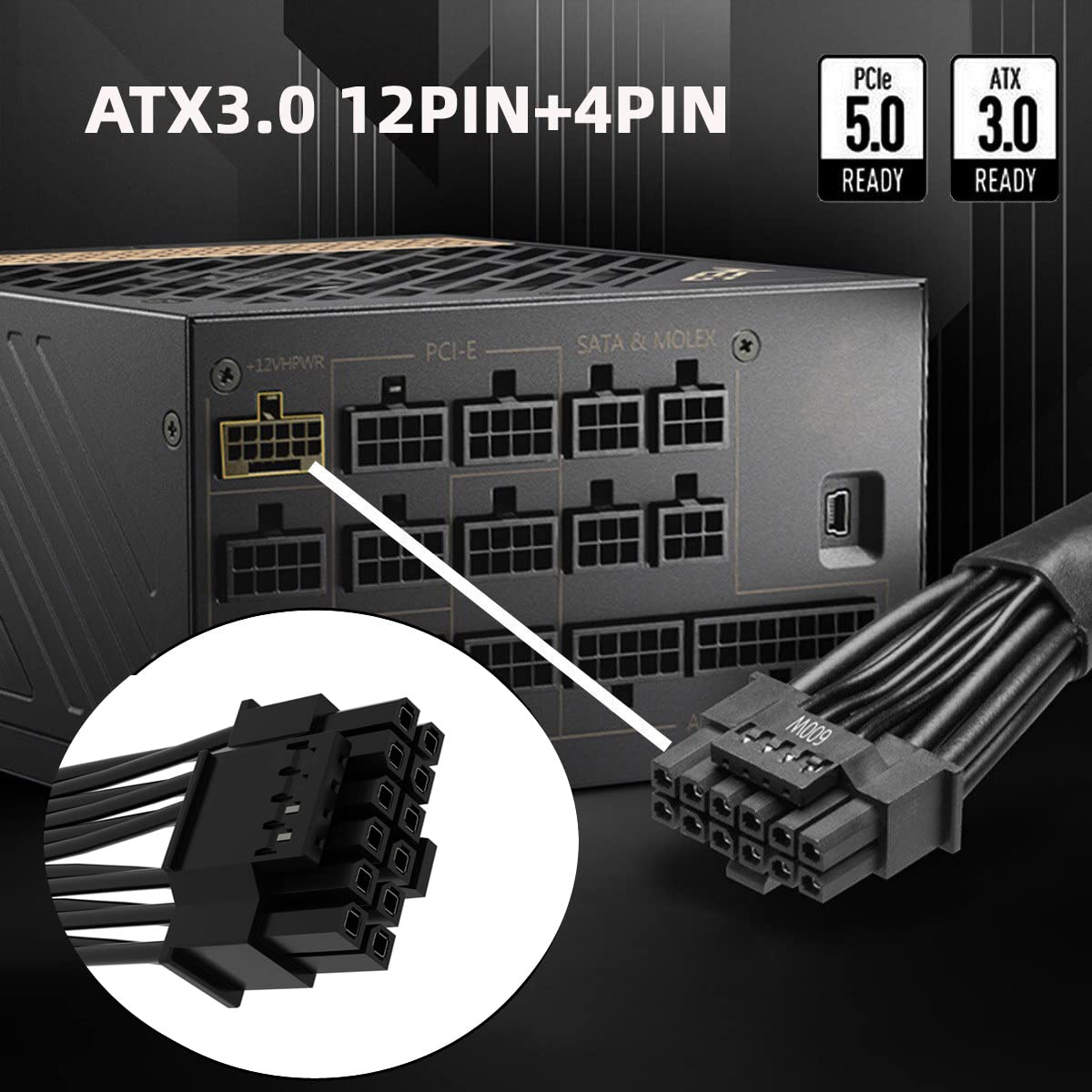 CY ATX3.0 PCI-E 5.0 Power Modular 12VHPWR Cable 16Pin to 16Pin for 3080 3090TI 4080 4090 PSU 12+4Pin Graphics Card - Black Up Angled image number 3