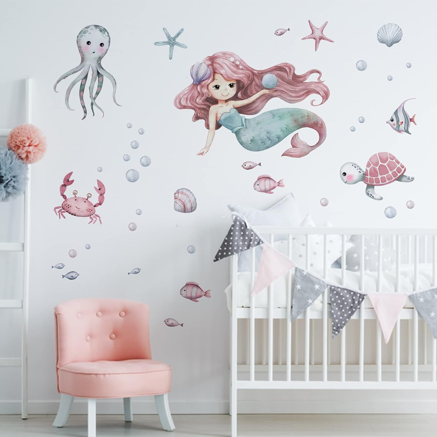 Mfault Mermaid under the Sea Wall Decals Stickers, Baby Girls Ocean Creatures Nursery Decoration Bedroom Playroom Art, Coastal Beach Octopus Turtles Shell Bubble Fish Kids Room Bathroom Home Decor image number 4