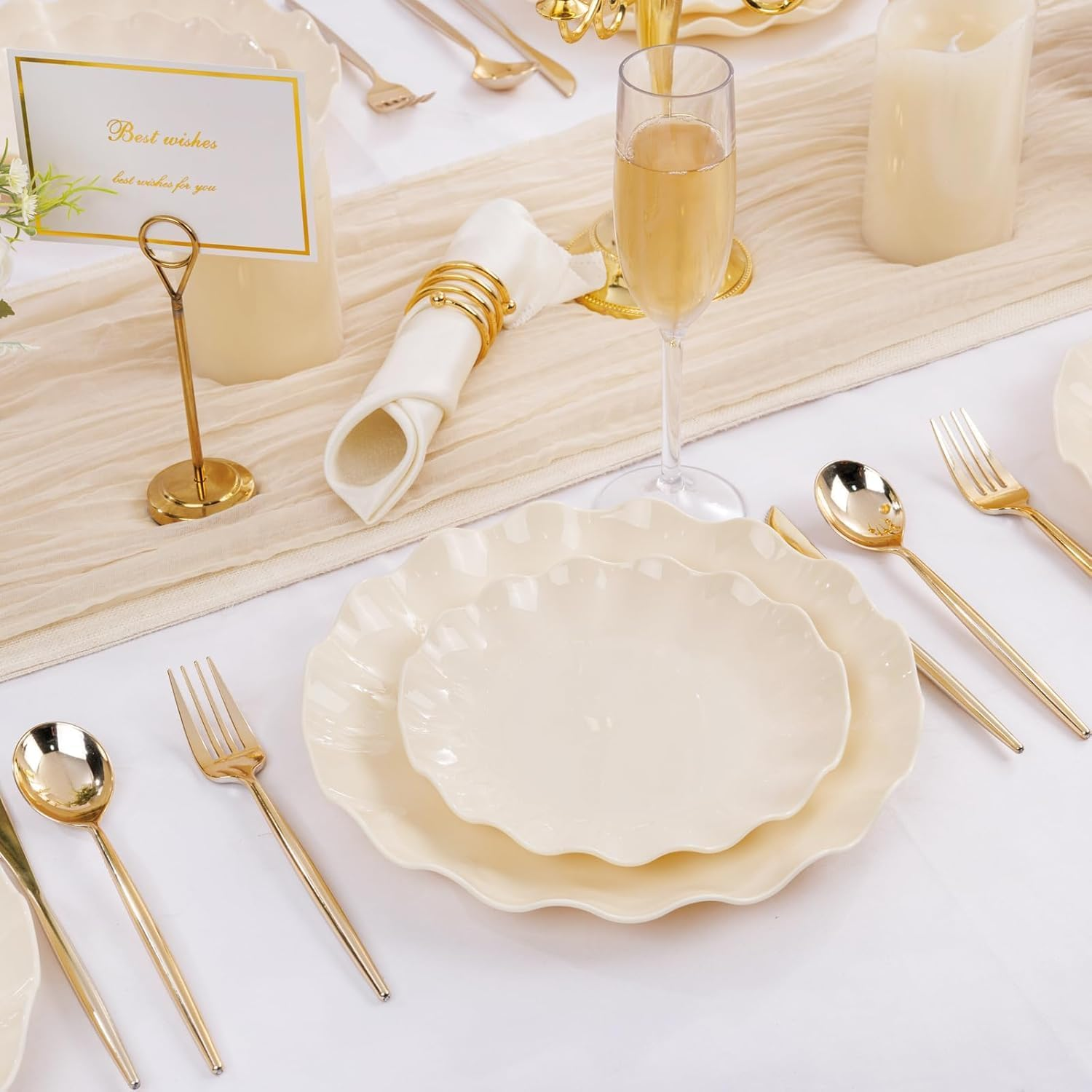 Dinner Plates of 24Pcs Reusable Dinner Set with Beige Flower Shape,Plates 0F Microwave & Dishwasher Safe,Tableware for Party Birthday Wedding Home Valentine'S Day - Beige image number 3