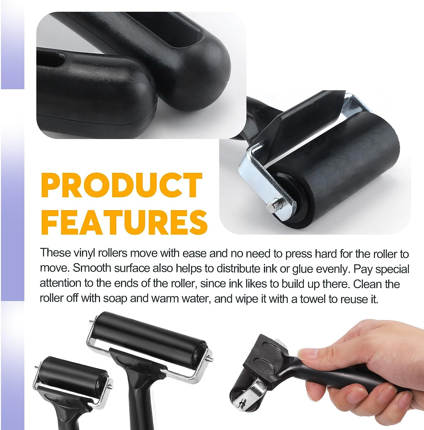 Swpeet 3 Pack Black Rubber Roller, Brayer Roller, Hard Rubber, Block Stamping anti Skid Construction Tools 2.2 Inch, 3.8 Inch and 7.7 Inch for Printmaking, Ink, Crafting, Gluing and Stamping - Pink image number 2