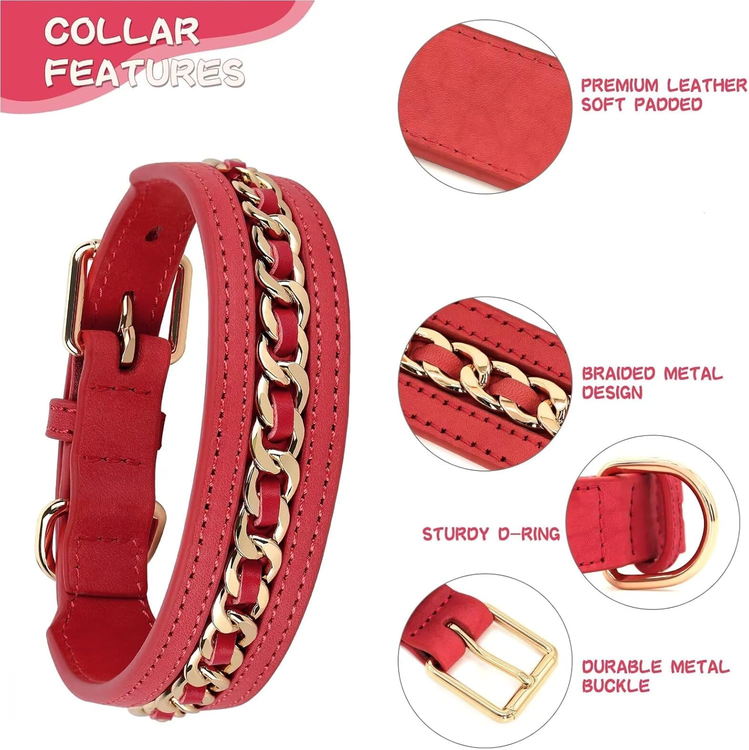 Didog Genuine Leather Dog Collar, Braided Dog Collar Leather Stylish Durable Metal Chain Dog Collar for Medium Large Dogs, Red, M image number 2