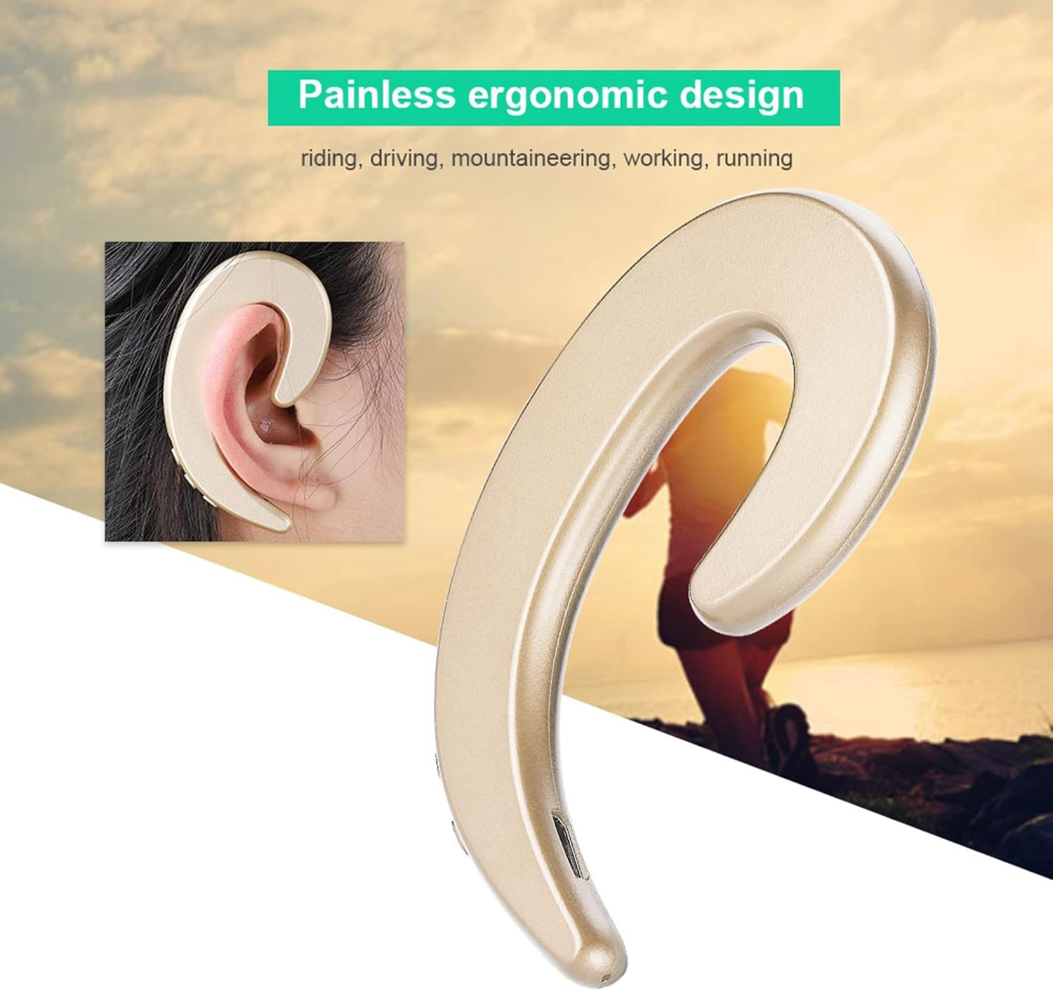 Bone Conduction Bluetooth Headphone Wireless Painless Ear Hook Headset for Sports and Work (Gold) image number 4