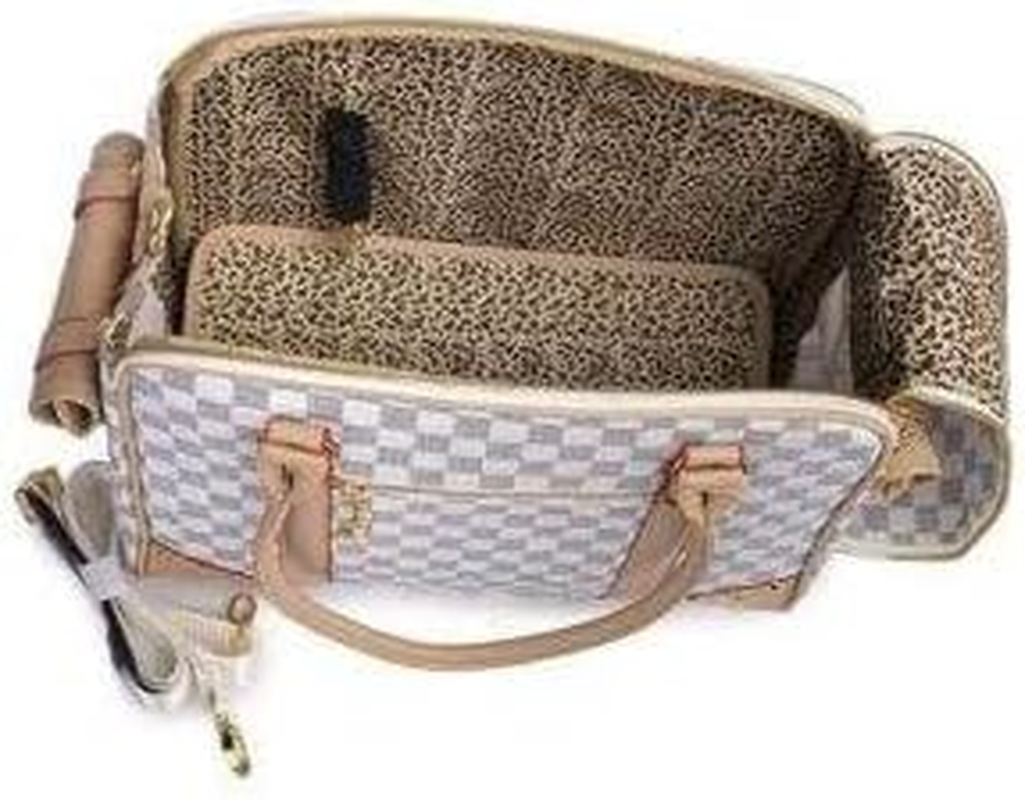 Luxury Travel Pet Carrier Tote, Checkerboard Pattern, White and Gold, for Small Dog, Tote Dog Bag for Puppy image number 3