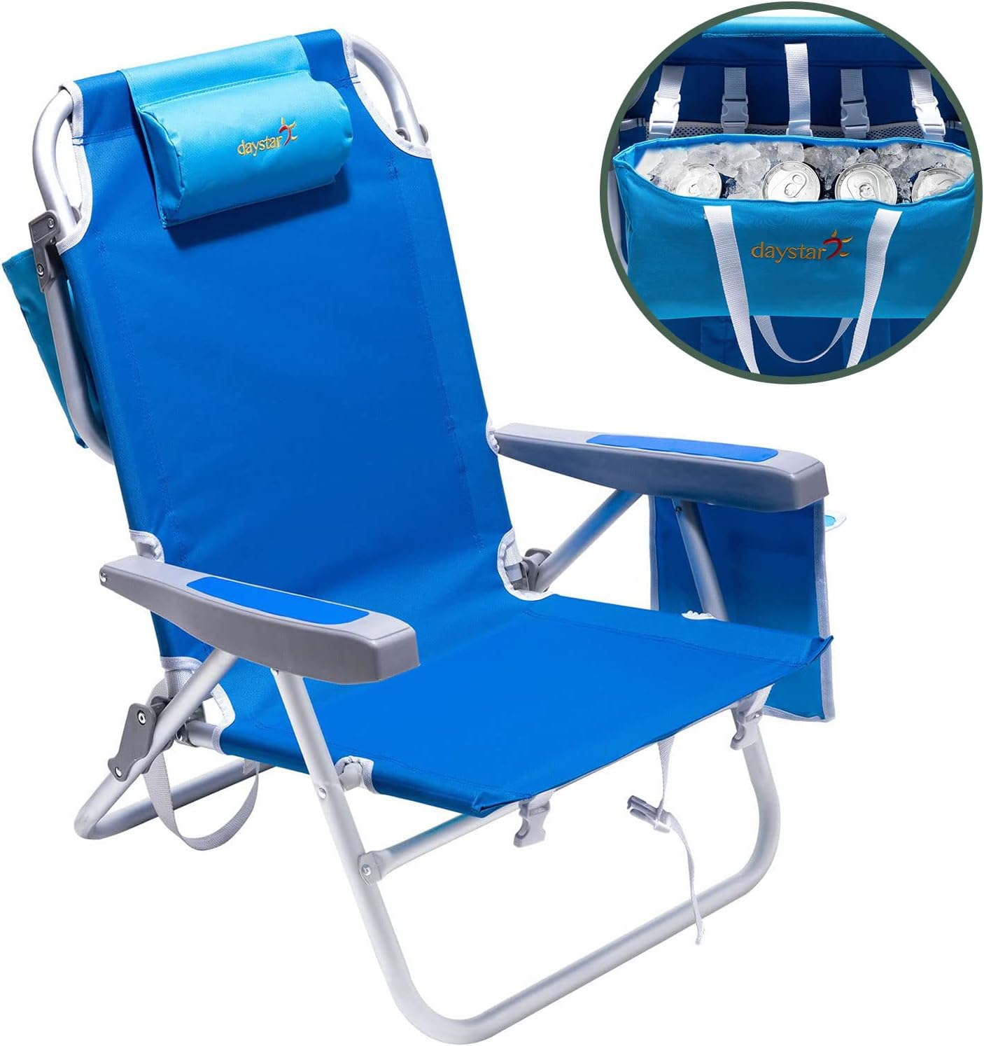 Sunnyfeel Reclining Beach Chair Outdoor Folding Lounge Chairs for Adults 5 Position Adjustable with Cooler Bag and Cushioned Neck Rest Backpack Straps, Blue image number 1