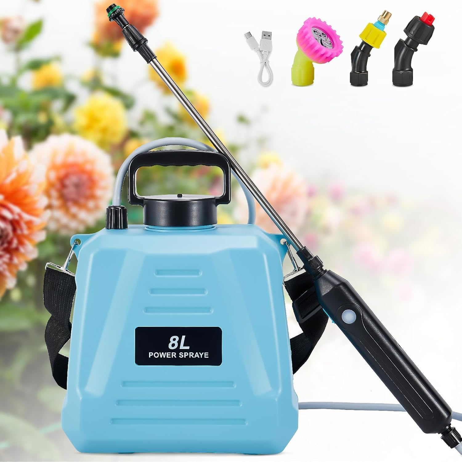 Battery Powered Sprayer 8L,Upgrade Electric Sprayer with 3 Mist Nozzles, USB Rechargeable Handle and Retractable Wand, Garden Sprayer with Adjustable Shoulder Strap for Lawn,Garden,Cleaning (Blue) image number 5