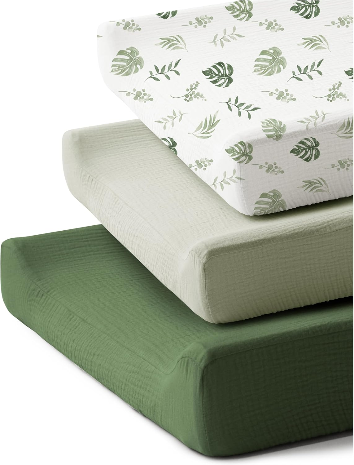 3 Pack Muslin Changing Pad Covers for Girl, Boy, 100% Soft Cotton Changing Table Cover, Breathable Baby Nursery Diaper Chang Pad Sheets (Leaf) image number 6