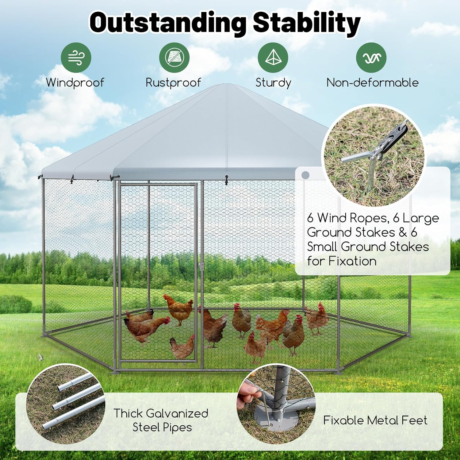 Costway Metal Chicken Coop, Chicken Run House Spire-Shaped Cage W/Wire Mesh & Lockable Door for Duck, Goose, Rabbit, Walk-In Poultry Cage W/Waterproof Cover for Backyard, Farm image number 3