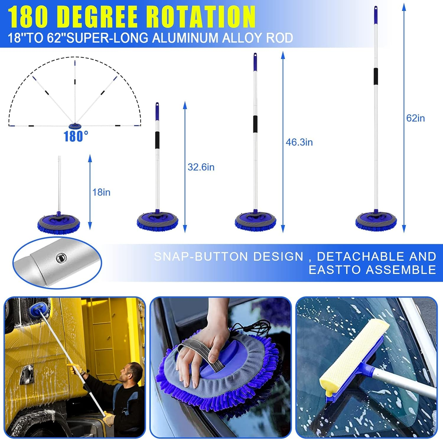 21Pcs Car Wash Kit,62" Car Wash Brush Mop with Long Handle,Car Cleaning Kit,Car Detailing Brush Set,Car Wash Bucket with Dirt Trap,Windshield Window Squeegee for Cars RV Truck Boat image number 4