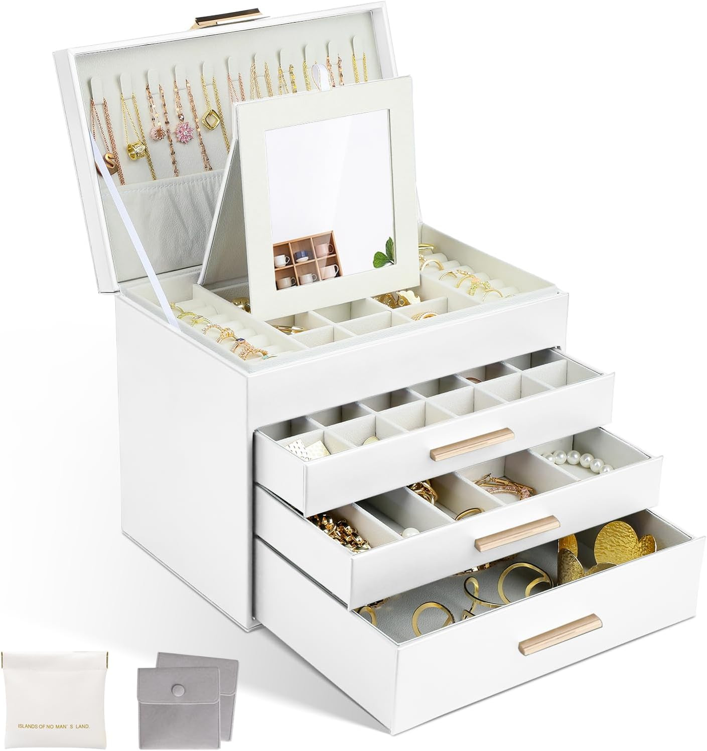 LIAN Large Jewelry Box Organizer 4 Layer Jewelry Holder Organizer with Mirror Leather Jewelry Case for Necklace Earrings Bracelet Storage for Women Girls(4 Layer White) image number 2