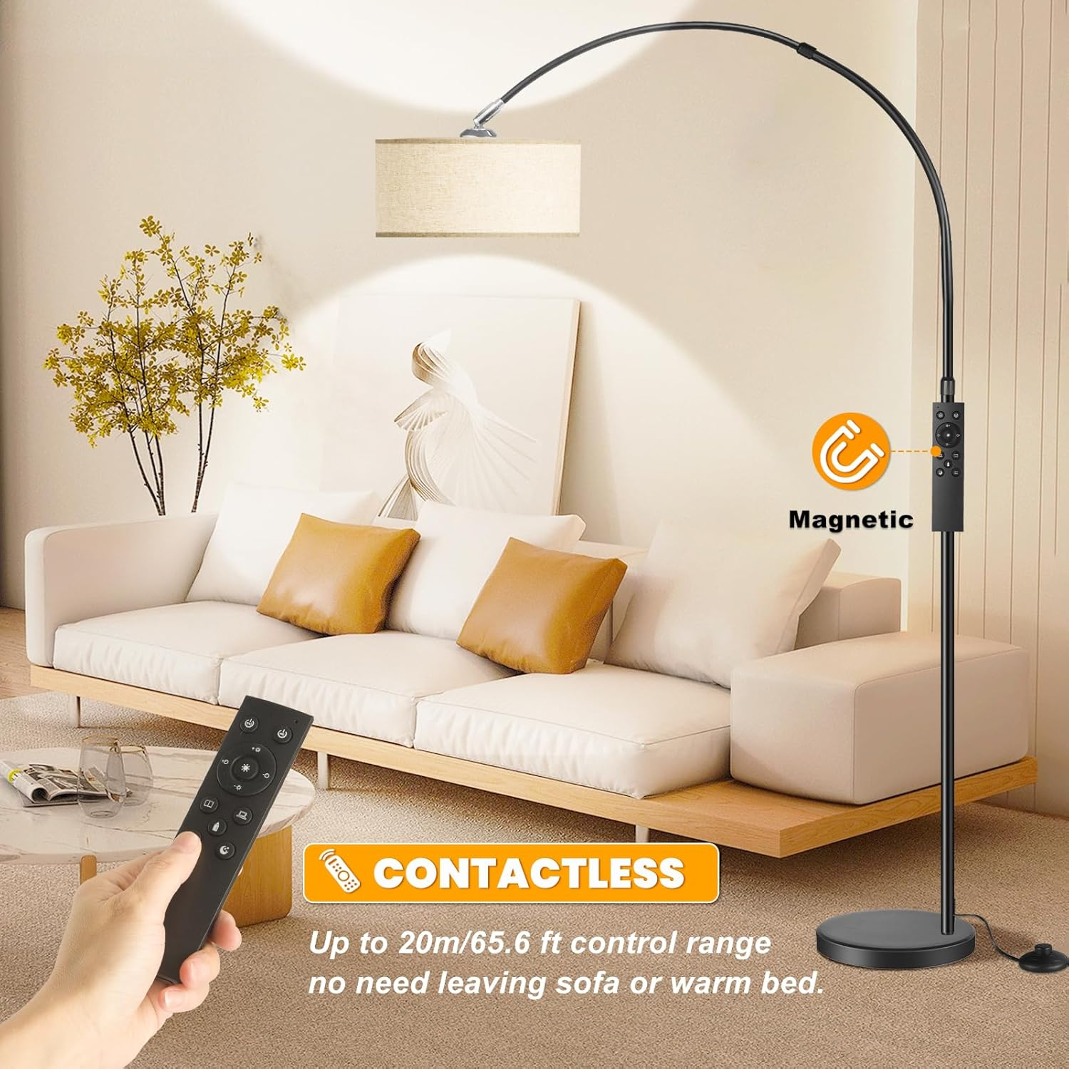 NUFECARG Arc Floor Lamp, 9W 1000LM Modern Floor Lamp with Contactless Control, Hanging Drum Shade Standing Lamp with Marble Base, Adjustable Stepless Colors & Brightness, Black image number 2