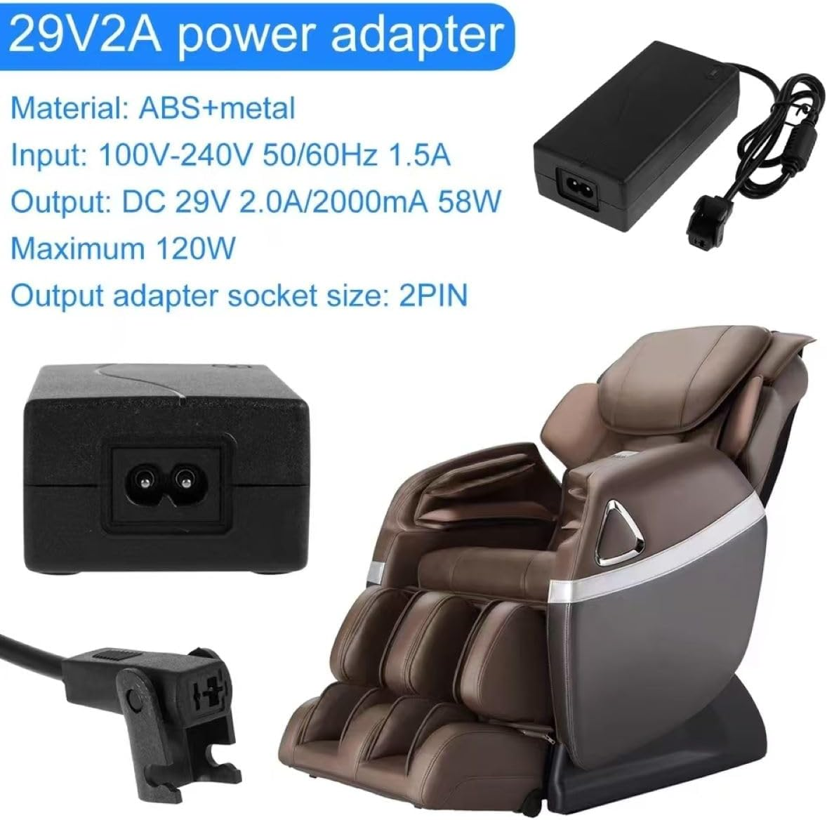 29V 2A Universal Power Recliner Power Supply, AC/DC Adapter 100-240V with Power Cord, 2-Pin 29V 2A Adapter AC/DC Switching Power Supply Universal Adapter for Okin/Electric Recliner/Couch/Lift image number 6