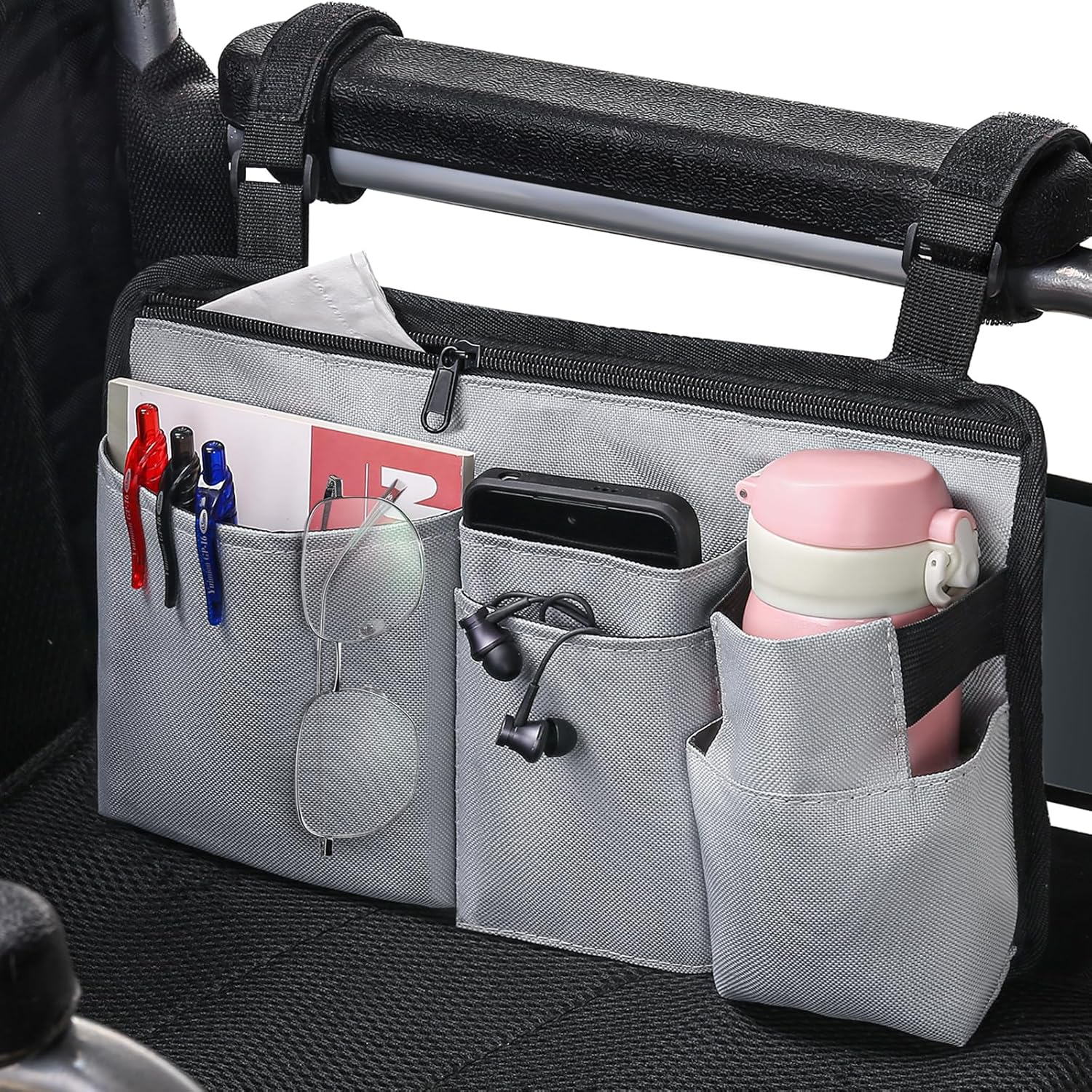 CTWWFS Upgrade Wheelchair Side Bag with Cup Holder, Armrest Accessories for Wheelchair, Rollator, Walker, the Perfectly Organized to Free Your Hands and Bring You a Wonderful Life Experience (Black)