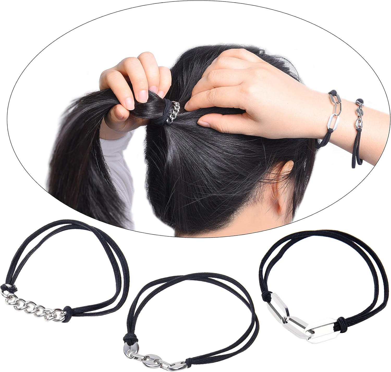 Eco-Fused 3X Bracelet Hair Ties - Elastic Decorative Jewelry Ponytails - Fashionable Wear on Wrist Ties - for Men, Women, Girls, Teens (Black with Silver Metal Chain) image number 4