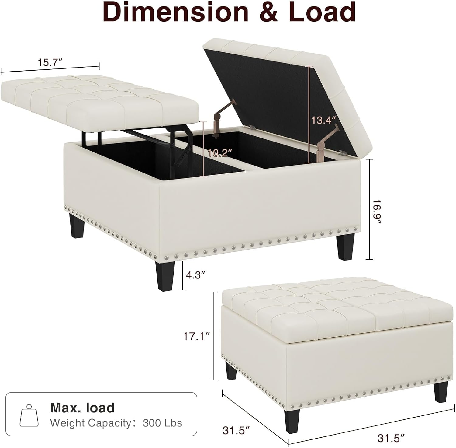 Lumoti Tufted Square Ottoman Coffee Table with Storage, Leather Upholstered Cube Ottoman, Oversized Footrest Stool Toy Box Storage for Livingroom Bedroom, Ivory White image number 1