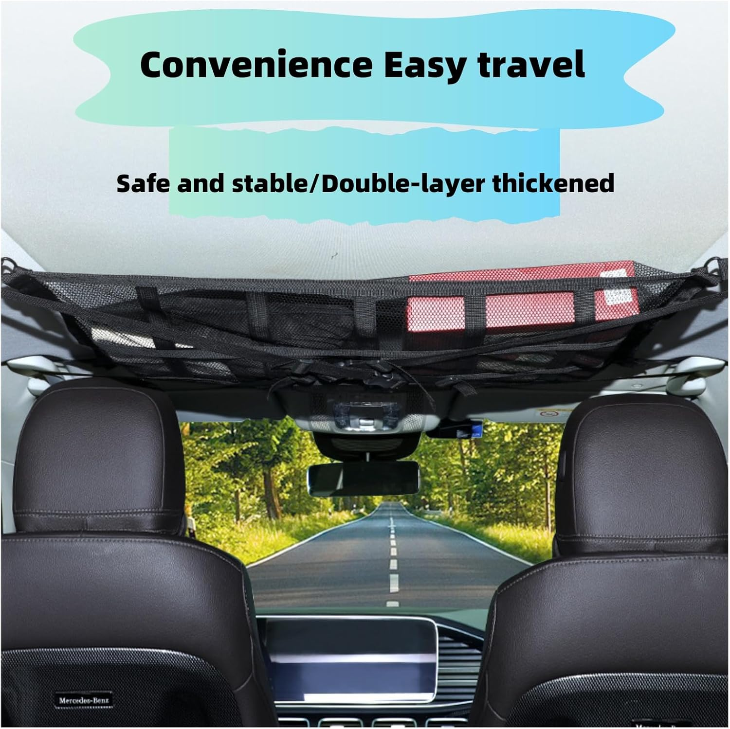 SUV Ceiling Cargo Net Pocket, Adjustable Double Large Car Ceiling Storage Net with 2 Seat Hooks, Mesh Car Roof Organizer Long Trip Storage Bag for SUV Long Trip Camping (Black) image number 1