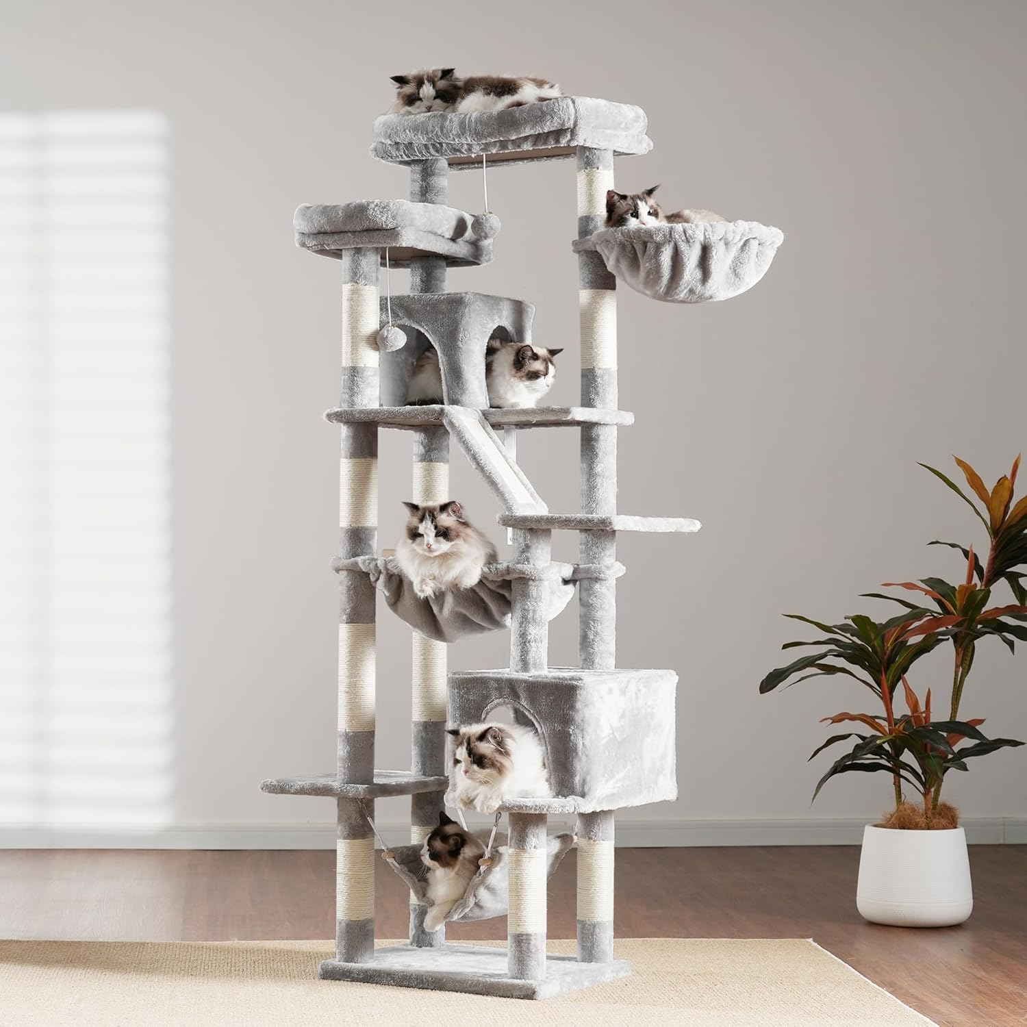 Heybly Cat Tree，71-Inch Tall Tower for Indoor Cats with 2 Perches, 2 Big Condos, 2 Hammocks, Basket, Scratching Pad，Large Cat Furniture and Condo, Light Gray HCT034W