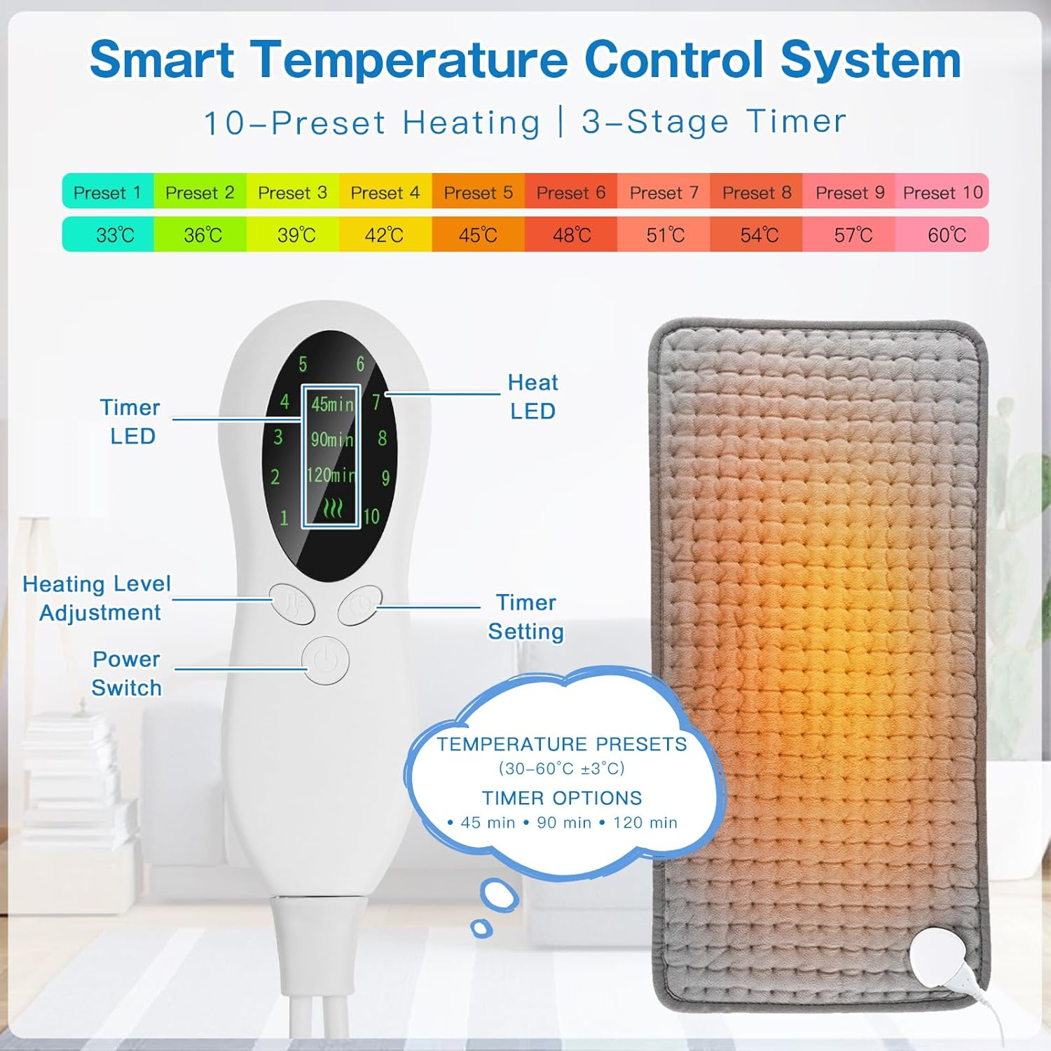 Biutee Electric Heating Pad for Back Pain Relief - 60X30Cm Large Heating Pad with 10 Temperature & 3 Timer Settings, Machine Washable Heat Pad for Lower Back, Muscle, Period Cramps (Auto Shut Off) image number 6