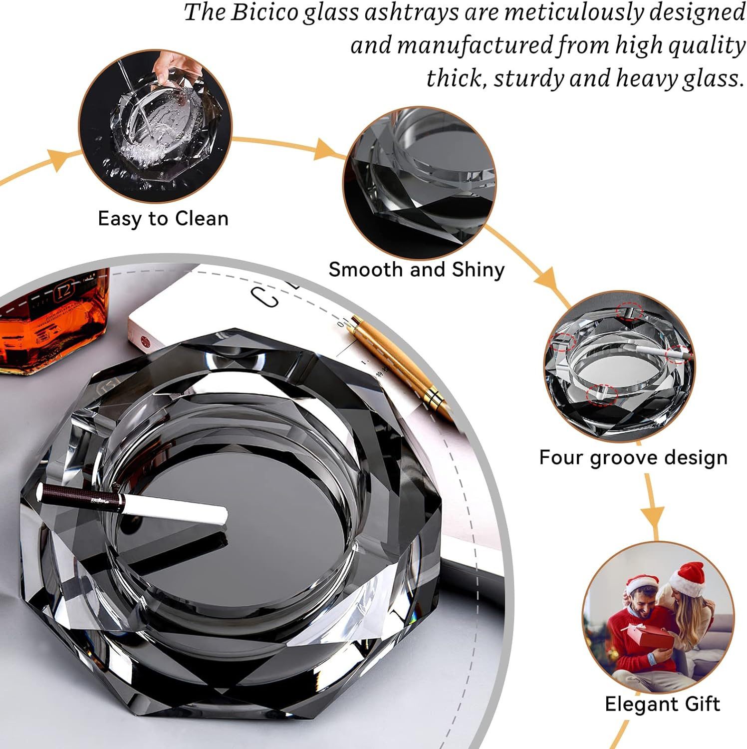 Bicico Crystal Glass Ashtray, Cigar Ashtray, Cool Ashtrays for Cigarettes Indoor, Ash Tray Holder Home Office Desktop Tabletop Hotel Indoor Outdoor Decoration, Black image number 4