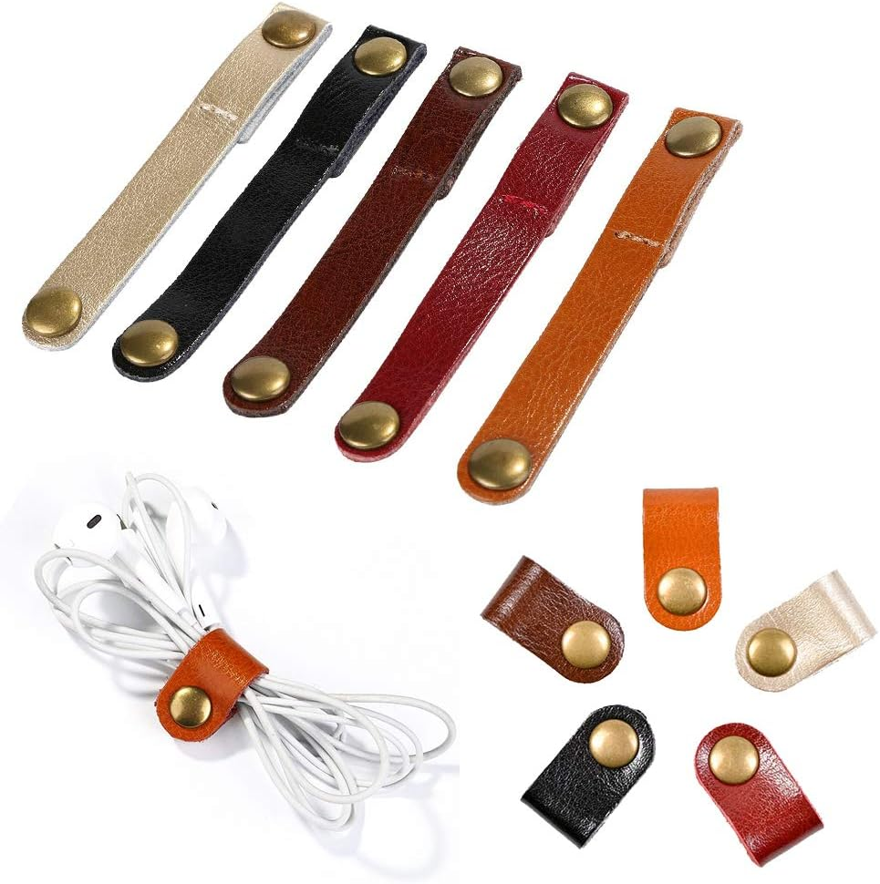 Viaky Leather Cable Straps Multi Color Handmade Leather Cord Organizer Portable Cable Tie Keeper Earphone Winder USB Cable Management (24, 5 Colors) image number 2
