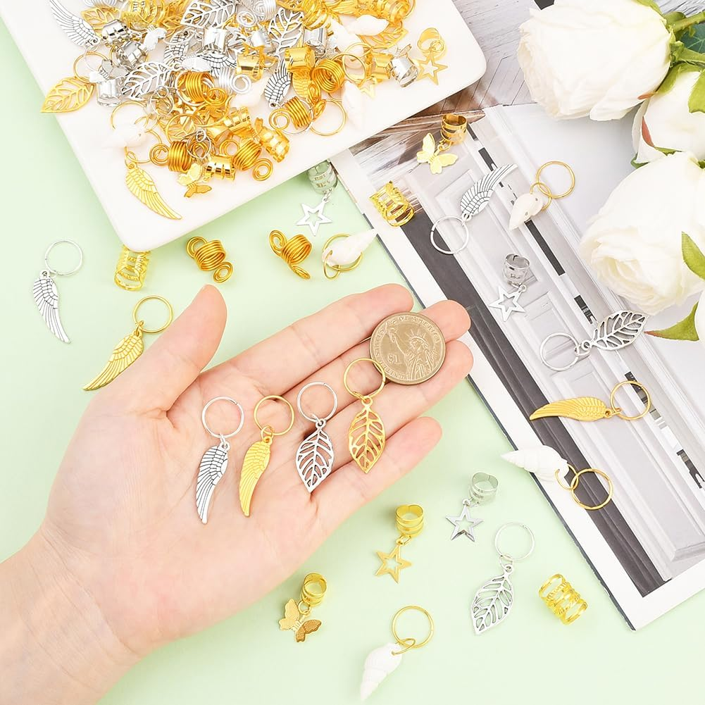 SUNNYCLUE 1 Box 120Pcs 12 Styles Hair Braid Clips Hair Braiding Decorations Metal Alloy Gold Silver Star Leaf Butterfly Shell Wing Braids Rings Jewellery for Women Wedding Graduation Birthday Decors image number 5