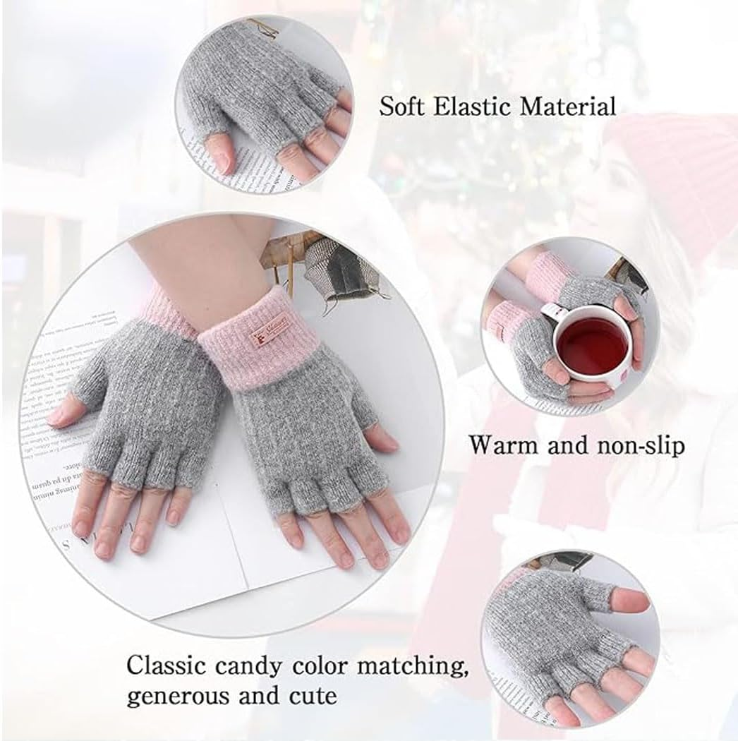 2 Pairs Fingerless Gloves for Women Warm, Winter Thermal Gloves Knitted Soft Half Fingers Mittens for Cold Weather Driving Working Typing - Black  Pink image number 5